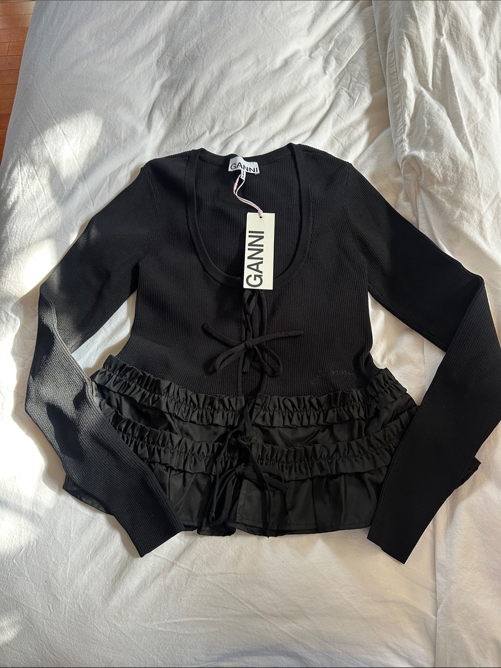 Ganni Black Ruffle Tie-Front Long Sleeve Top with Scoop Neck